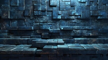 Futuristic blue geometric wall with selective focus, ideal for World Architecture Day, sci-fi designs, or modern interior decor with a bold, innovative texture