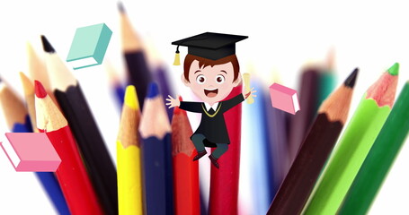 Image of excited schoolboy and schoolbooks moving over coloured pencils