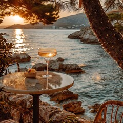 Cocktail in a martini glass with a slice of citrus on a stone fence, against the backdrop of the setting sun and sea.
Concept: advertising drinks and summer events, travel guides and cocktail menus