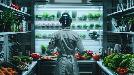 A futuristic kitchen where a robotic chef prepares meals tailored to individual health needs, using sustainably sourced ingredients