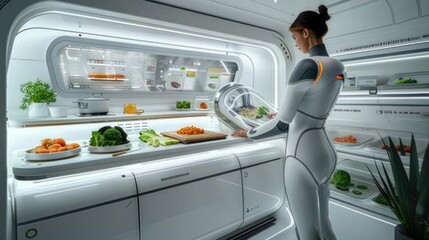 A futuristic kitchen where a robotic chef prepares meals tailored to individual health needs, using sustainably sourced ingredients
