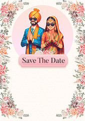 Punjabi Traditional Royal Wedding Invitation card design Bride and Groom with text place holder 