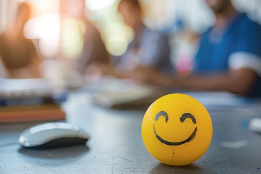Positivity in the workplace demonstrated by a yellow smiling ball in the office interior, promoting a positive work environment and inspiring corporate culture.