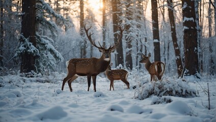 Noble deer family in winter snow forest Artistic winte.