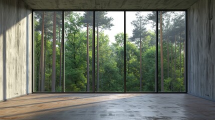 Modern interior of an empty room with a green forest outside the window