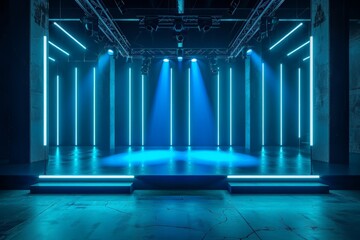 An empty stage illuminated by blue lights with a matching blue floor.