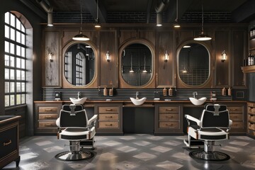 A barber shop with two chairs and mirrors set up for haircuts and styling services. - obrazy, fototapety, plakaty