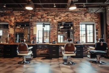A traditional barber shop with multiple chairs and mirrors for clients to get their hair cut and styled. - obrazy, fototapety, plakaty