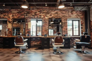 Fotobehang A traditional barber shop with multiple chairs and mirrors for clients to get their hair cut and styled. © pham