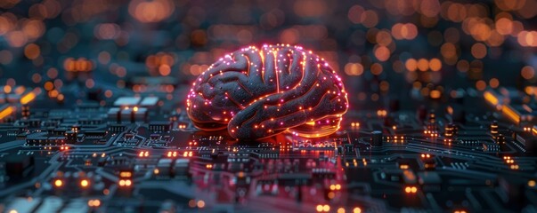 Illustration of a wired brain, symbolizing the advancement towards artificial intelligence - obrazy, fototapety, plakaty
