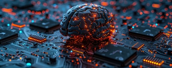 Creative depiction of the journey to artificial intelligence through a wired brain illustration - obrazy, fototapety, plakaty