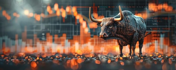 Powerful bull statue stands beside a chart illustrating growth and potential profitability