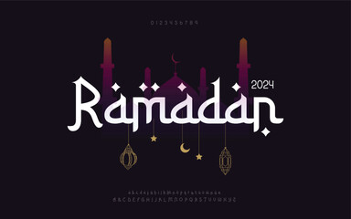 ramadan kareem in arabic calligraphy greetings with islamic moque and decoration, translated "happy ramadan" you can use it for greeting card, calendar, flier and poster - vector illustration