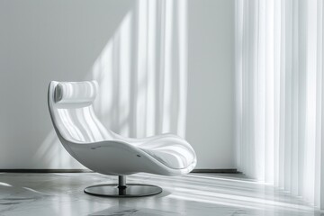 A white chair sits in front of a window, bathed in natural light, creating a simple and clean aesthetic in the room.