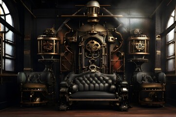 Steampunk lounge with ornate machinery and leather sofa, perfect for International Steampunk Day, sci-fi decor, or unique industrial design with selective focus