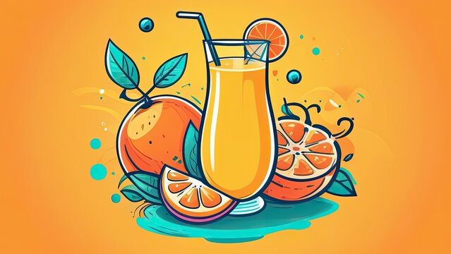 Orange juice in glasses with straws and orange slices on an orange background. Fruit oranges