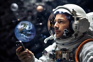 Portrait Astronaut floating in space and searching signal by his mobile. Backdrop of the planet earth. Black deep space background - obrazy, fototapety, plakaty