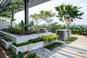 Modern residential outdoor garden showcasing an array of heating, air conditioning, and ventilation (HVAC) units installed for efficient home climate control. - obrazy, fototapety, plakaty