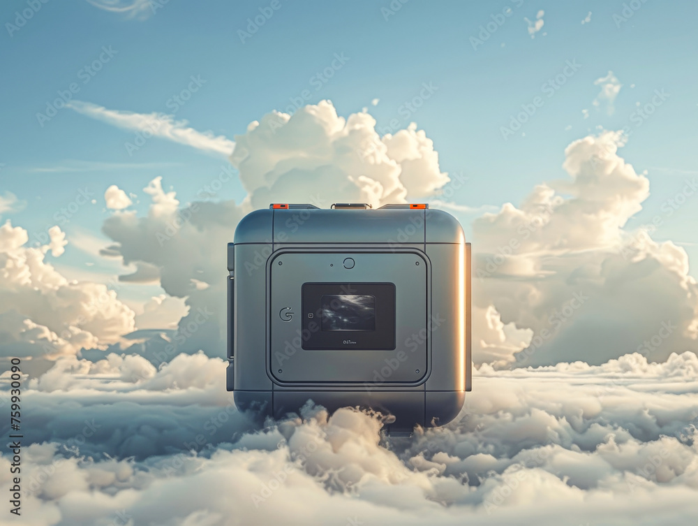 Poster A silver box is sitting on top of a cloud. The box has a screen on it and is surrounded by a lot of clouds. Scene is dreamy and whimsical