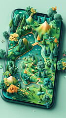 A phone with a green background and a forest scene on it