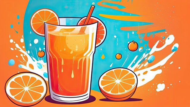  cartoon illustration of orange juice and fresh fruits on colorful background.