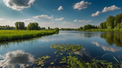 Fototapeta na wymiar Spring summer landscape blue sky clouds Nerew river.