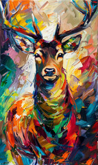 A vibrant painting of a deer depicted in a variety of colorful hues and shades.