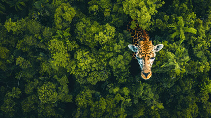 A giraffe is standing in a forest of green trees. The giraffe is looking up at the camera - obrazy, fototapety, plakaty