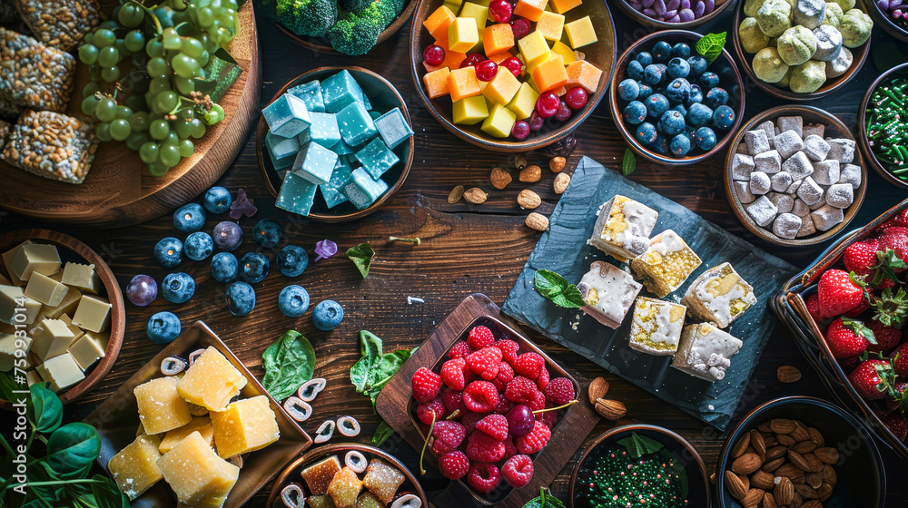 Wall mural a table full of food with a variety of fruits and nuts. scene is inviting and healthy