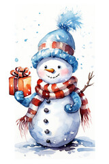 Snow man wear winter hat holding a burning candle and a stick watercolor art on white background