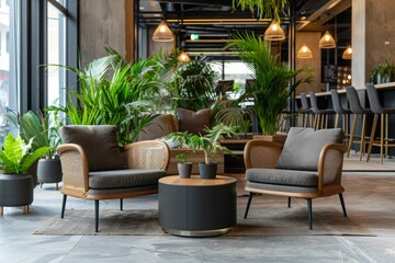 Modern office space with wooden furniture and plants in pots. Innovative startup company with green, ecofriendly environment with lush vegetation in workplace. Productive and healthy work place. - obrazy, fototapety, plakaty