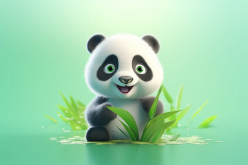 Funny cute panda on green background with leaves