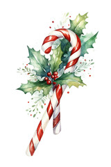 Christmas candy cane watercolor art on white background