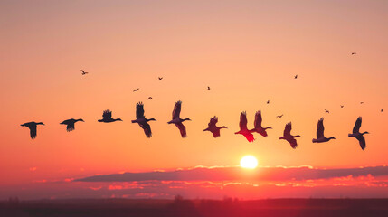 A flock of birds flying in a line across the sky at sunset. The birds are silhouetted against the orange and pink sky, creating a beautiful and serene scene. Concept of freedom and movement
