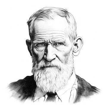 Black and white vintage engraving, close-up headshot portrait of George Bernard Shaw, the famous historical Irish playwright, critic and political activist, white background, greyscale