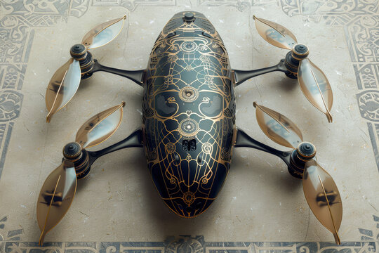 A drone with gold and black paint is sitting on a carpet. The drone has four propellers and a gold and black design