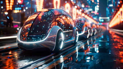 A futuristic car is driving down a city street with neon lights reflecting off the wet pavement. The scene is set in a futuristic city with tall buildings and a busy street