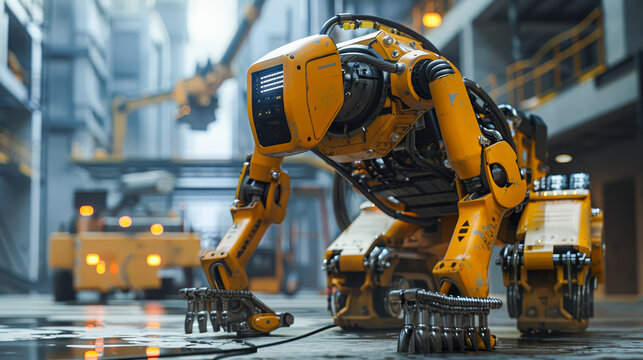 A yellow robot is standing in a factory. The robot is surrounded by machinery and is the only thing visible in the image. Scene is industrial and mechanical