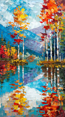 A painting depicting a serene lake nestled among a lush forest of towering trees.