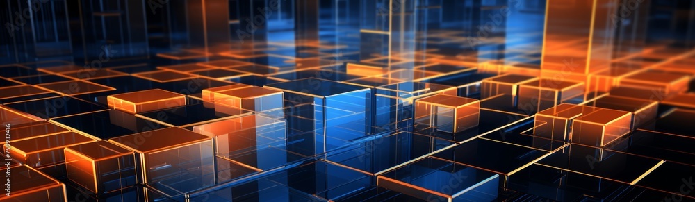 Poster data box platforms technical stacked together blue and orange futuristic coding background