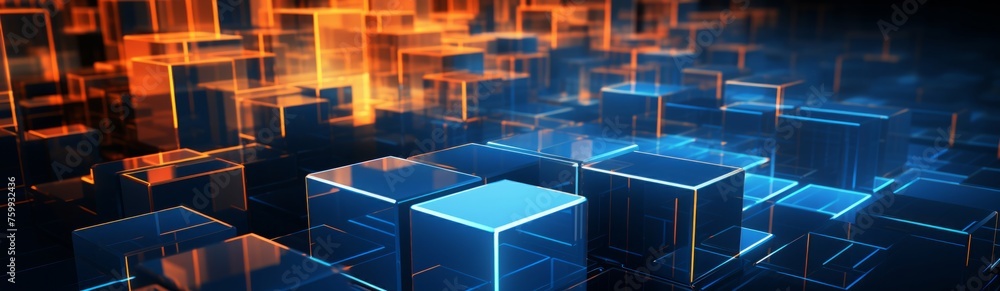Poster data box platforms technical stacked together blue and orange futuristic coding background