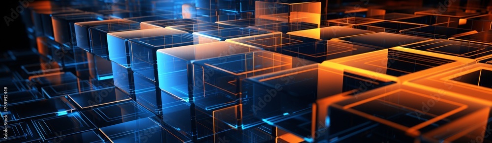 Poster data box platforms technical stacked together blue and orange futuristic coding background