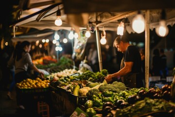 Market at dusk featuring a vibrant display of fresh, locally-sourced vegetables and fruits, with shoppers browsing the colorful stalls.
