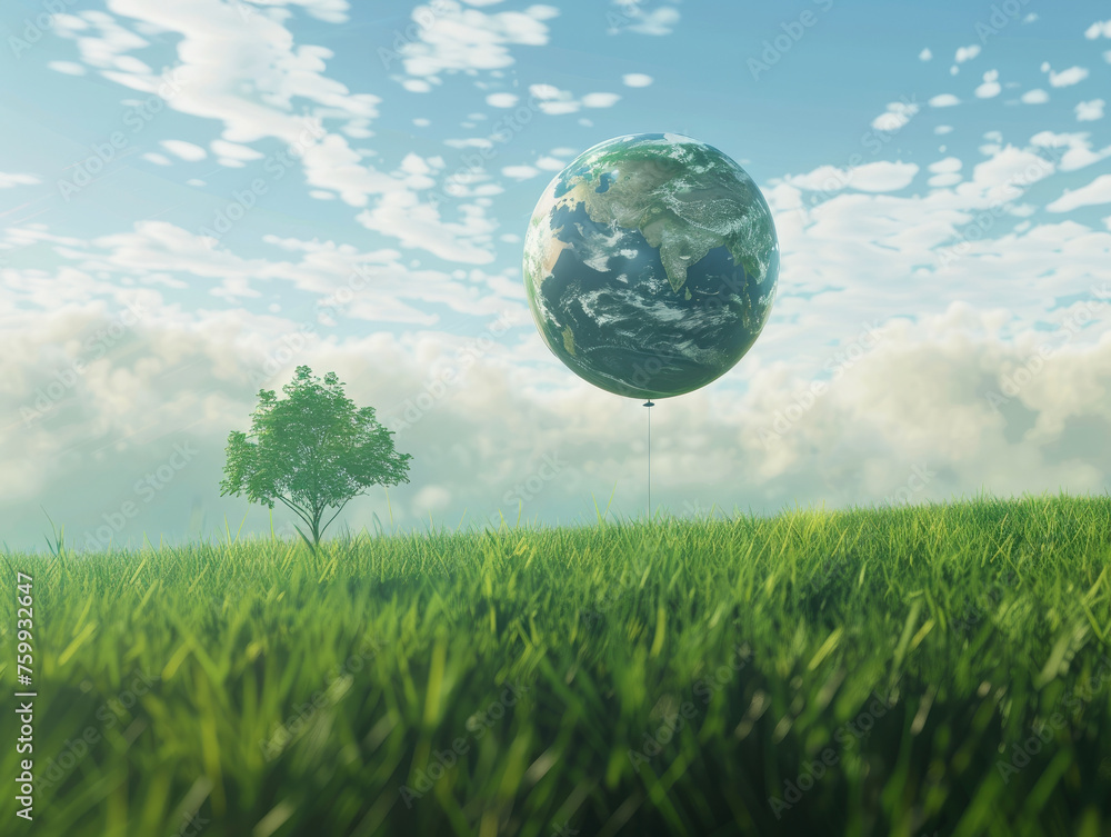 Poster a green field with a tree and a large planet in the sky. the scene is peaceful and serene, with the 