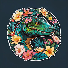 Close-Up Komodo Dragon Portrait with Floral Sticker in Ultra-Crisp 8K Resolution Gen AI