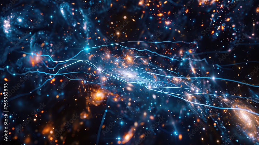 Poster capturing the essence of a neural network with star-like connections set against the cosmos, symboli