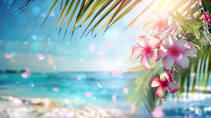 Fototapeta na wymiar Exotic pink flowers hang over a tropical beach, with soft focus creating a dreamlike vacation backdrop, ideal for holiday and travel themes, with room for text in the sky.