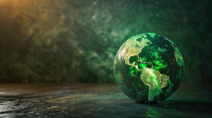 A green globe with a city on it