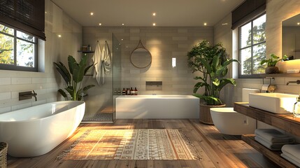 a modern small home bathroom, with smart storage solutions, contemporary fixtures, and luxurious finishes