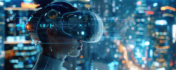 A woman wearing a virtual reality headset is looking at a cityscape. Concept of futuristic technology and the idea of exploring a new world